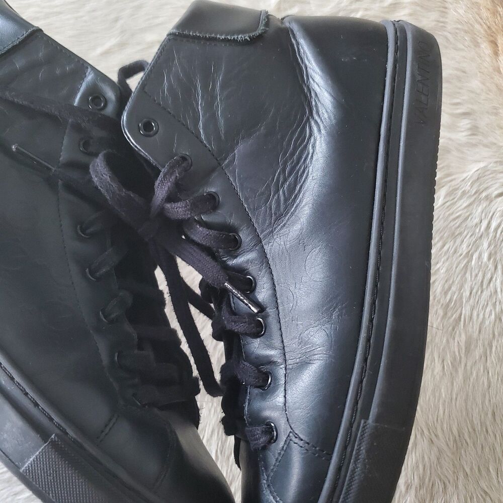 Valentino Men’s High Top Sneakers Size 10 Black Monogram Leather Lace Up Italian - Picture 16 of 16